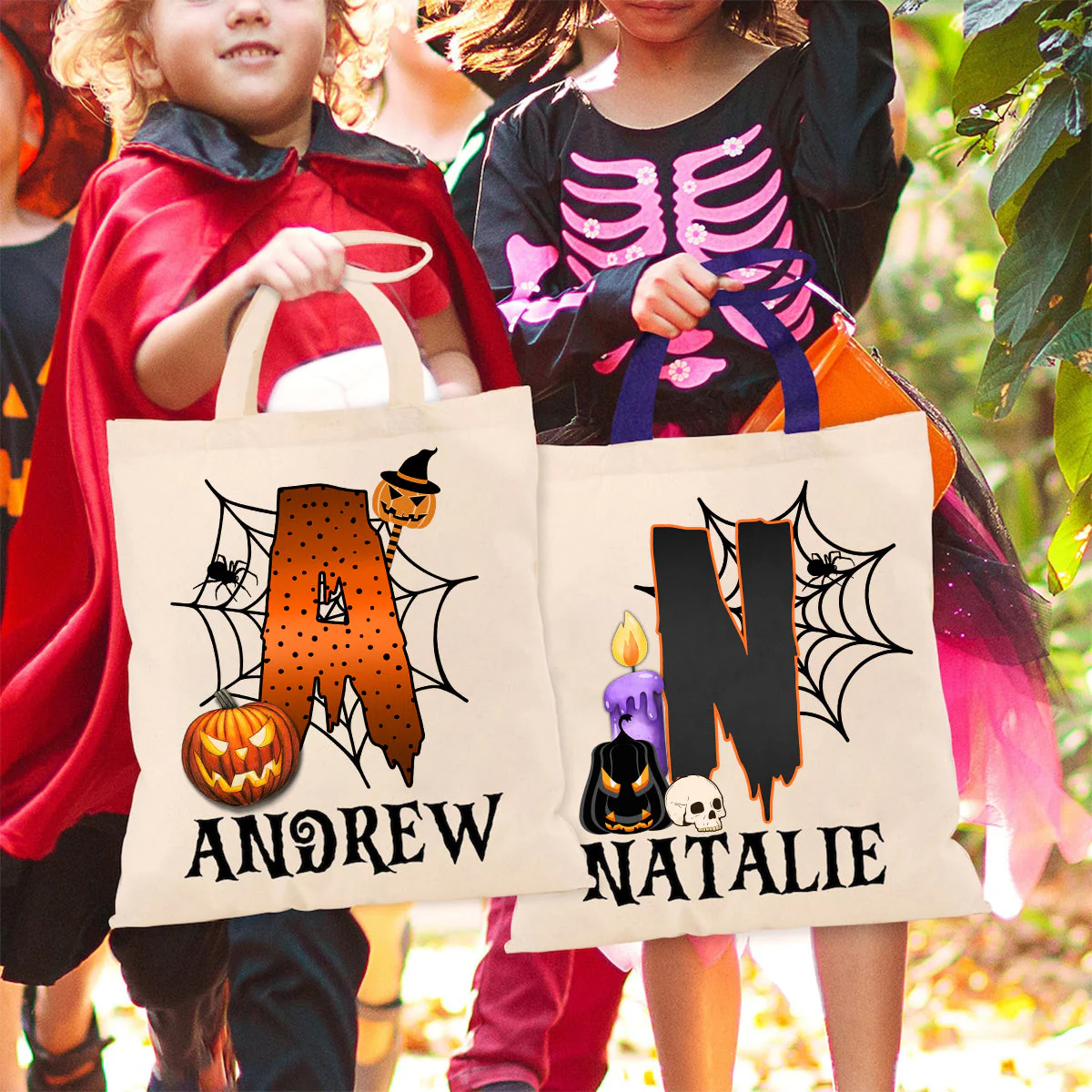 Personalized Halloween Trick Or Treat Candy Monogram Canvas Tote Bag For Kids - Image 3