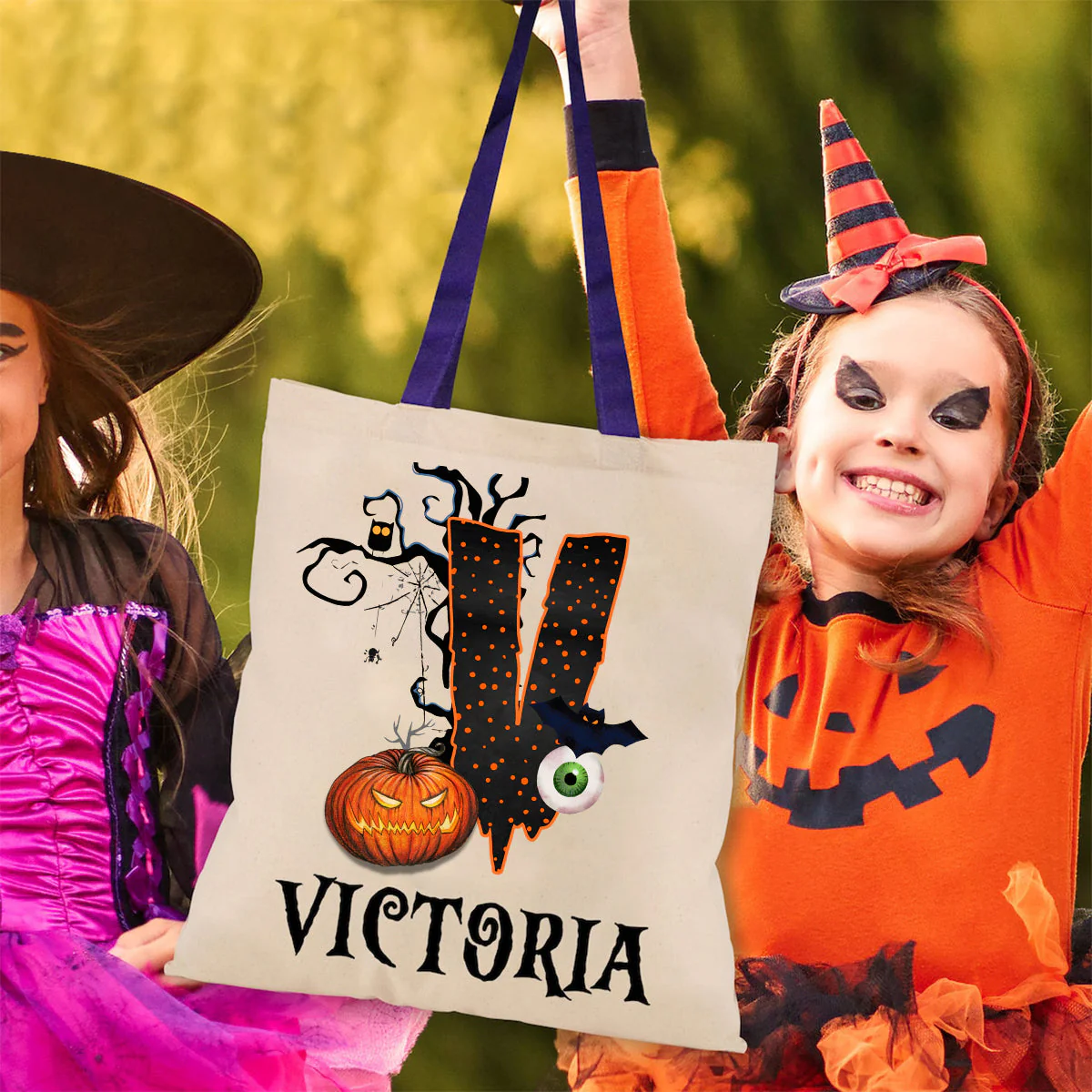 Personalized Halloween Trick Or Treat Candy Monogram Canvas Tote Bag For Kids - Image 4