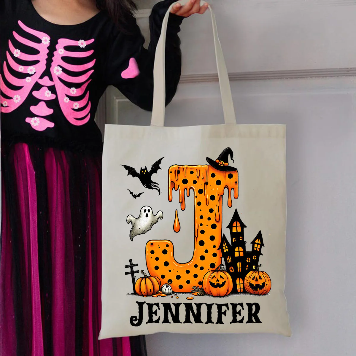 Personalized Halloween Trick Or Treat Candy Monogram Canvas Tote Bag For Kids - Image 6