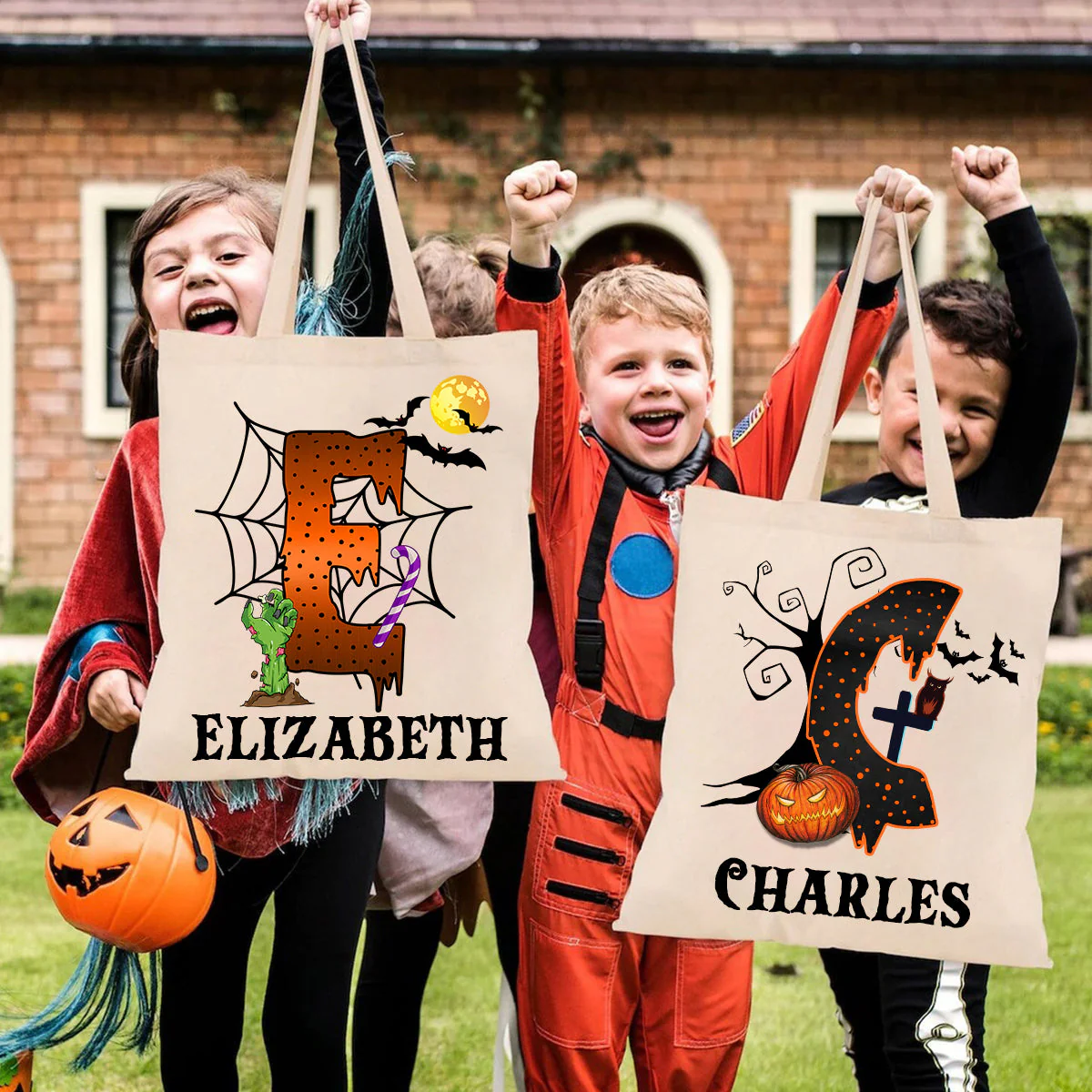 Personalized Halloween Trick Or Treat Candy Monogram Canvas Tote Bag For Kids - Image 7