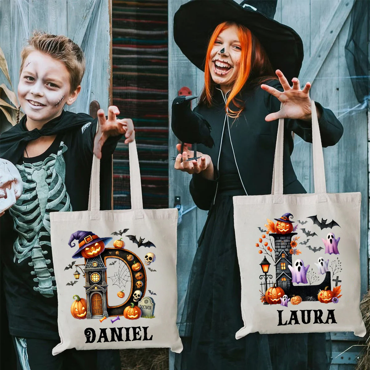 Personalized Halloween Trick Or Treat Candy Monogram Canvas Tote Bag For Kids - Image 8