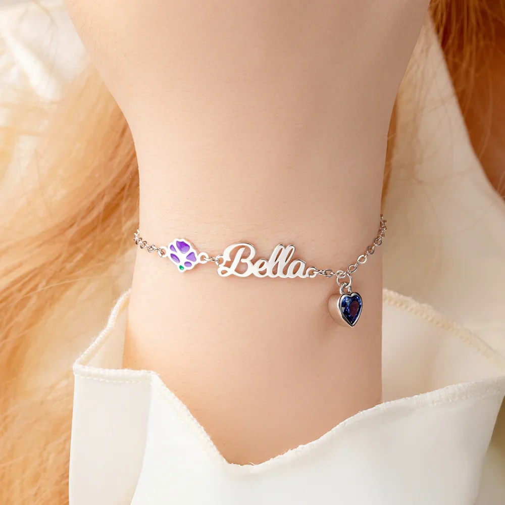 Personalized Heart Birthstone Birth Flower Bracelet with Name - Image 3