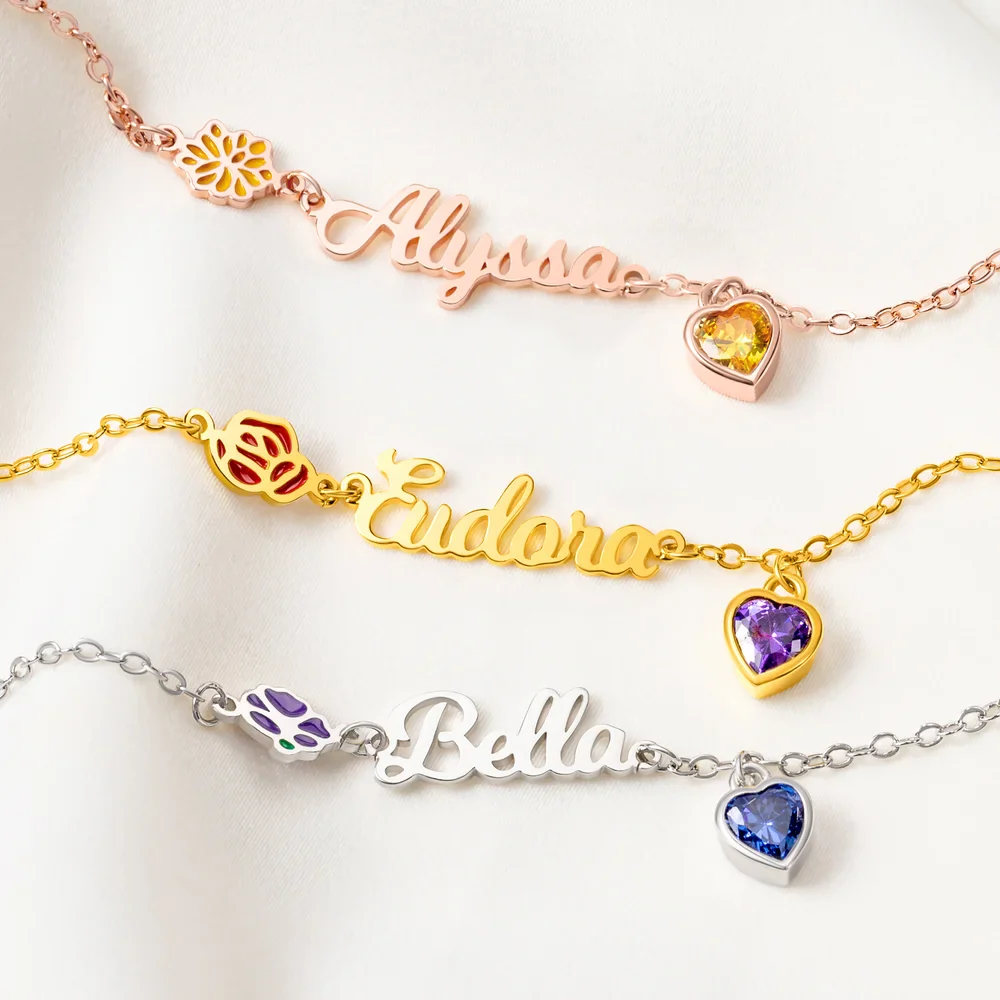 Personalized Heart Birthstone Birth Flower Bracelet with Name - Image 4