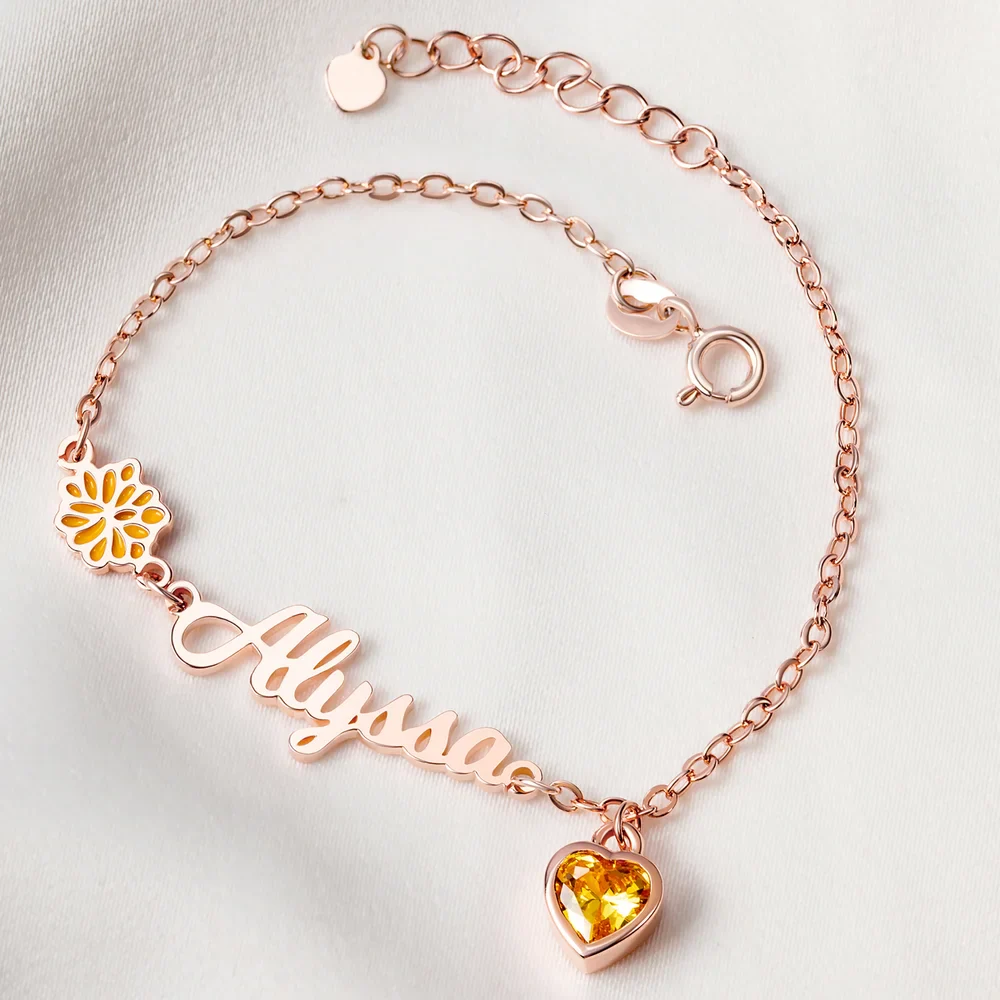 Personalized Heart Birthstone Birth Flower Bracelet with Name - Image 5