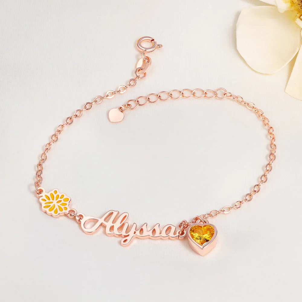 Personalized Heart Birthstone Birth Flower Bracelet with Name - Image 6