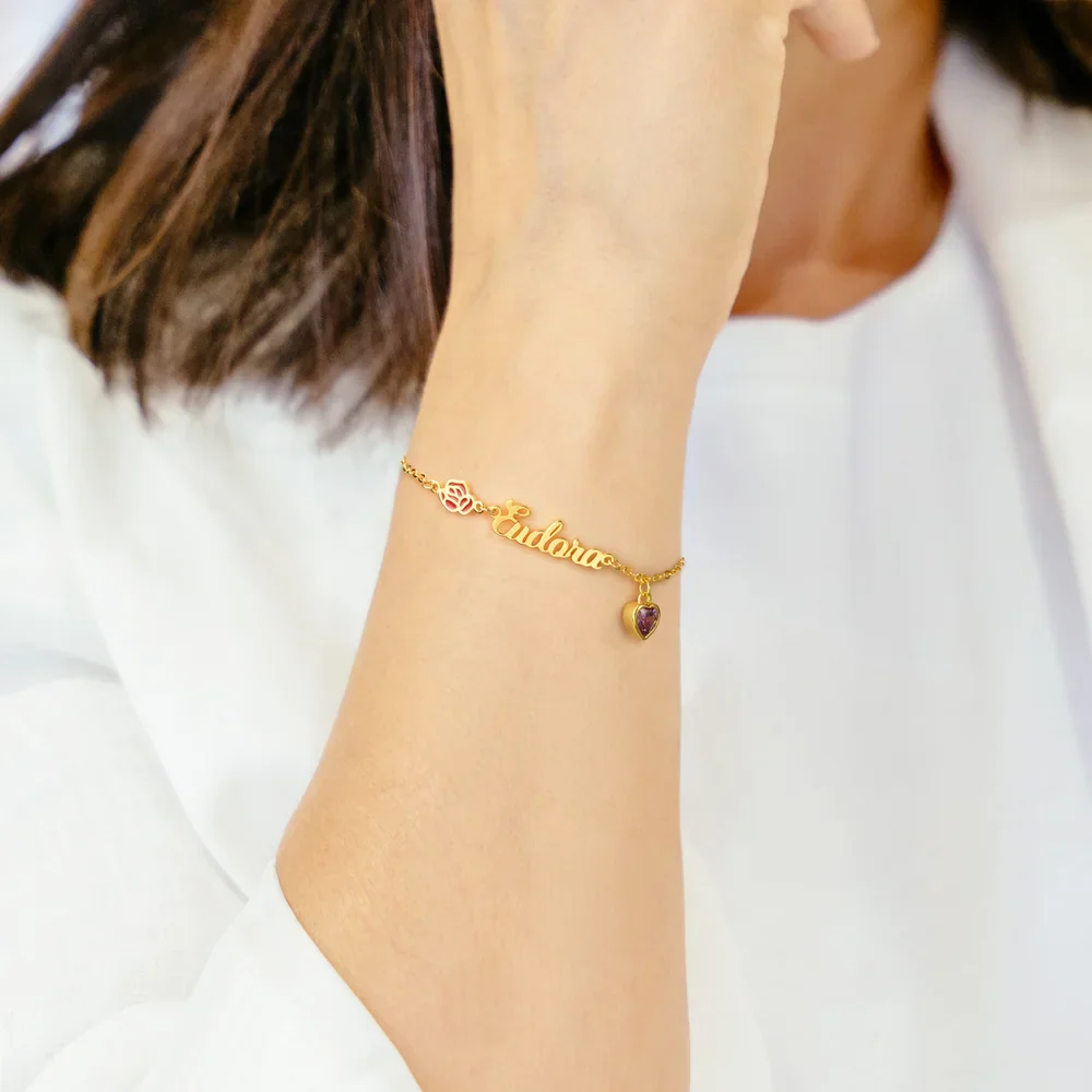 Personalized Heart Birthstone Birth Flower Bracelet with Name - Image 7