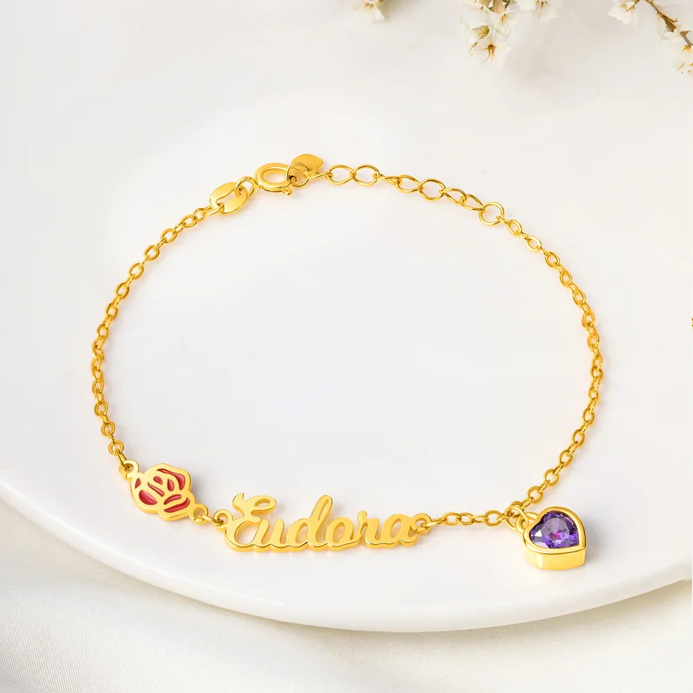 Personalized Heart Birthstone Birth Flower Bracelet with Name - Image 8