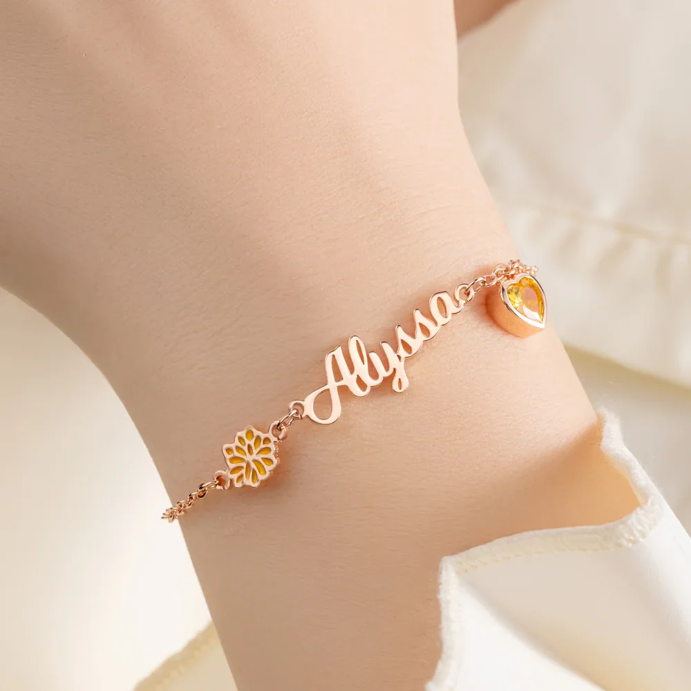 Personalized Heart Birthstone Birth Flower Bracelet with Name - Image 9