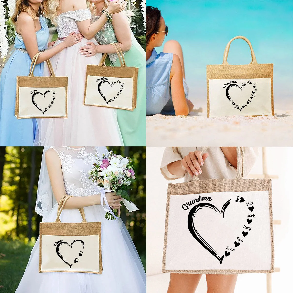 Personalized Heart Grandma and Grandkids Jute Tote Bag - Image 2