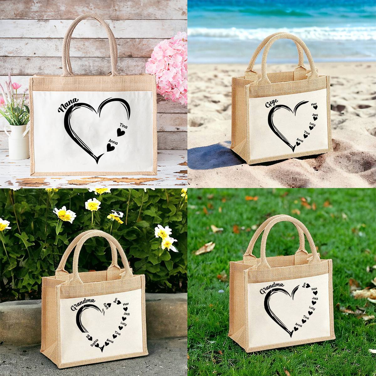 Personalized Heart Grandma and Grandkids Jute Tote Bag - Image 3