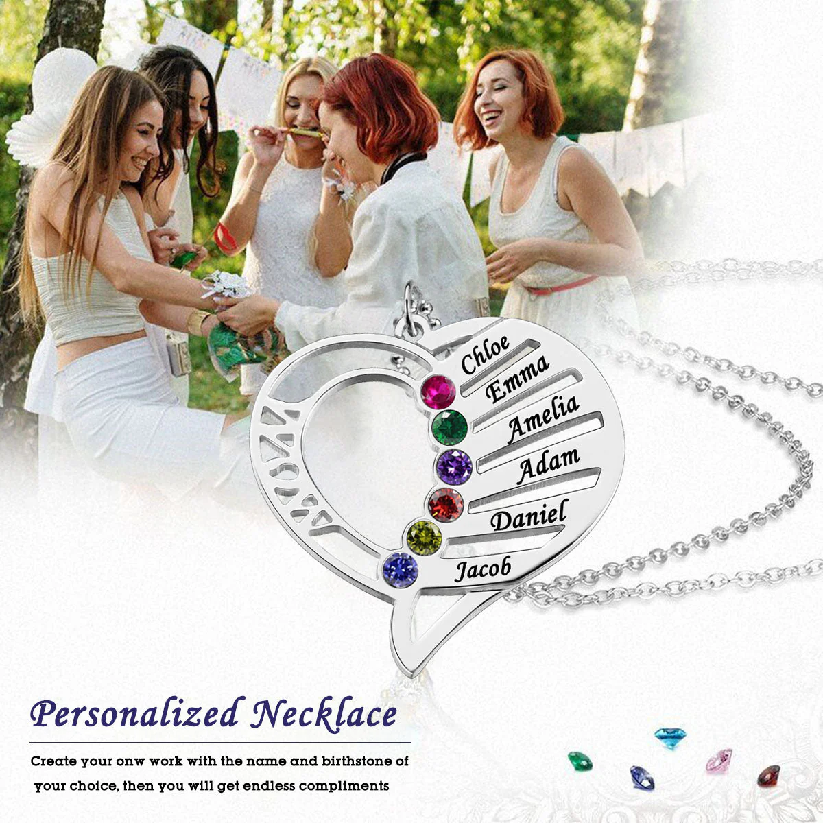Personalized Heart Shape Family Birthstone Necklace - Image 3