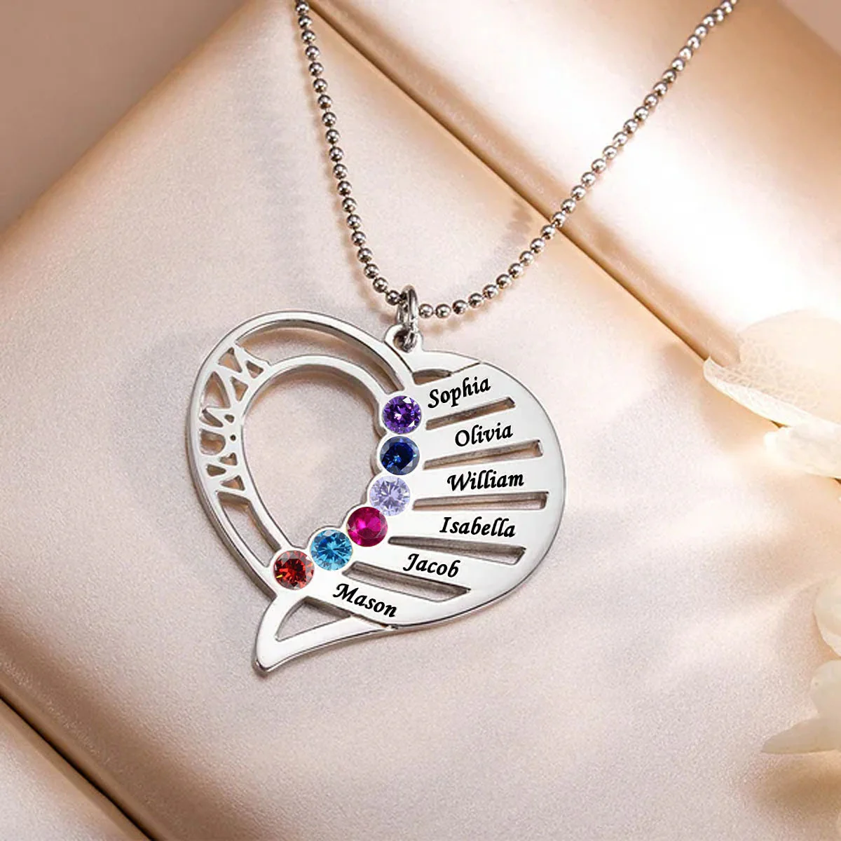 Personalized Heart Shape Family Birthstone Necklace - Image 4
