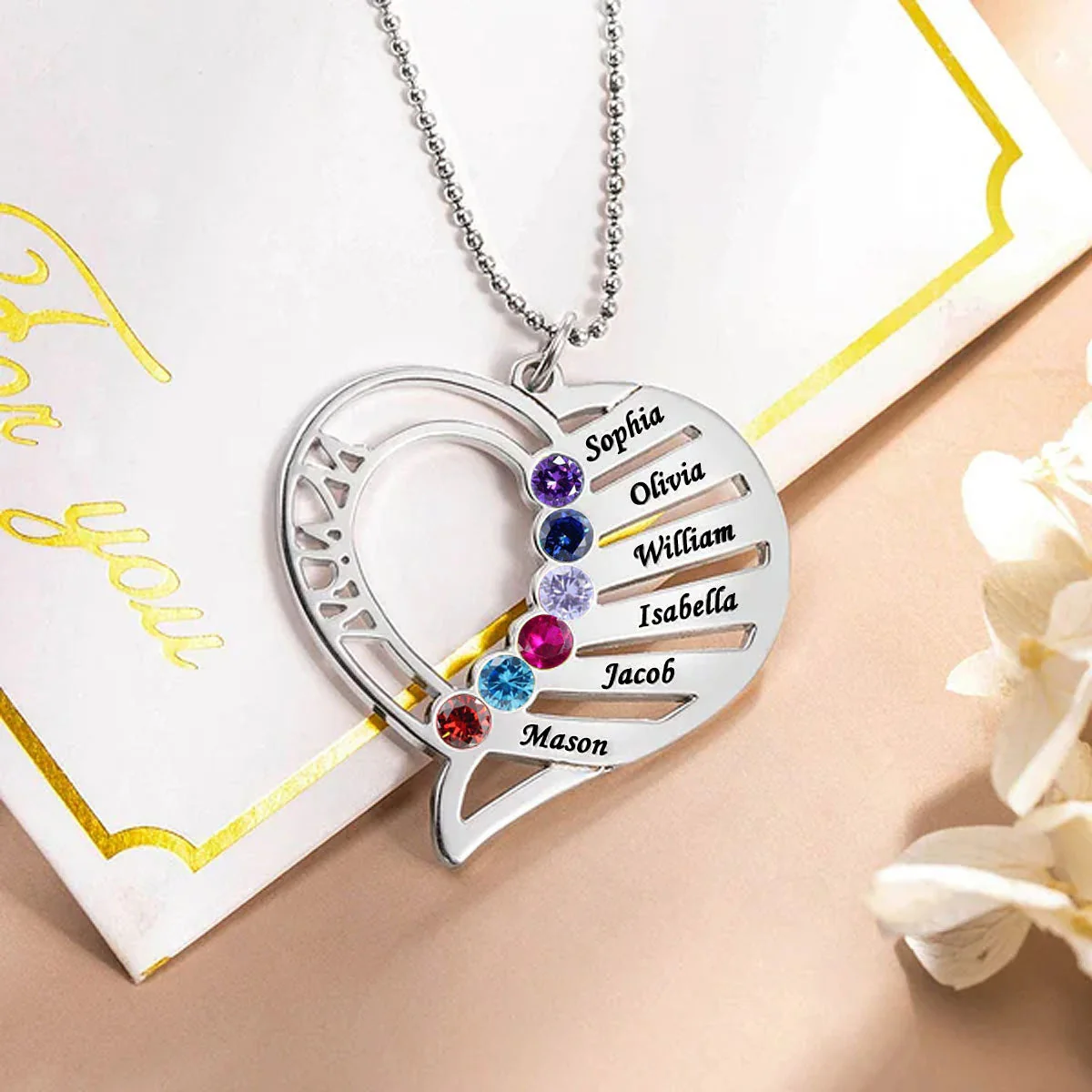 Personalized Heart Shape Family Birthstone Necklace - Image 5