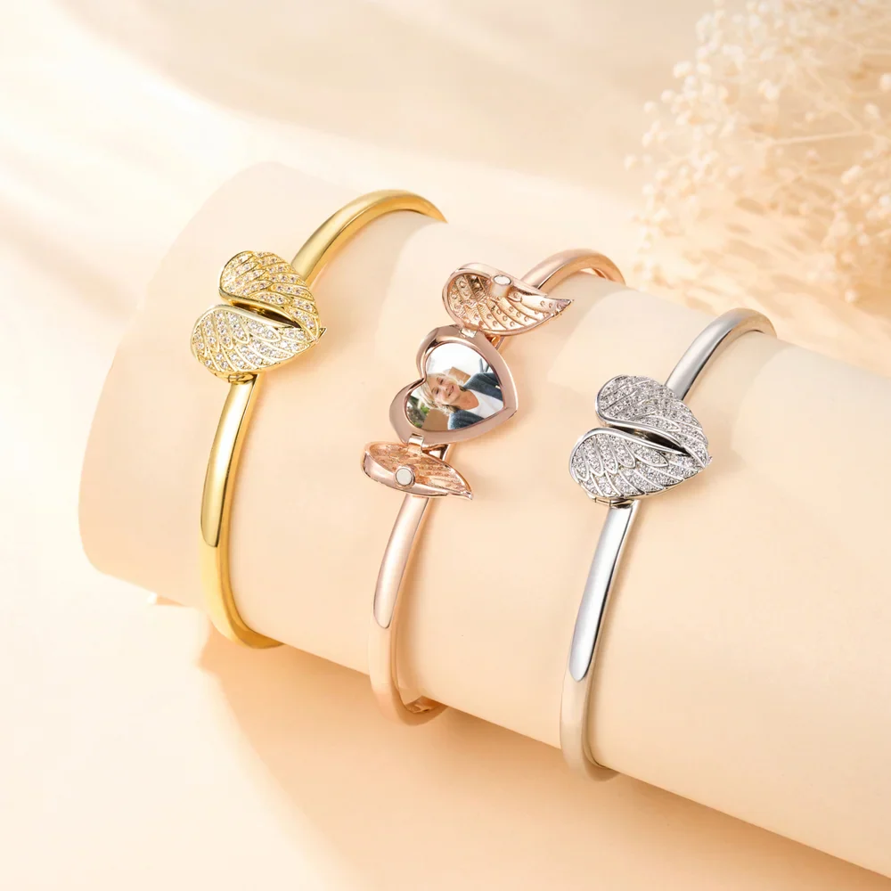 Personalized Heart Shape Zircon Angel Wing Photo Locket Bracelet Anniversary Birthday Memorial Gift for Wife Mother Grandma - Image 2