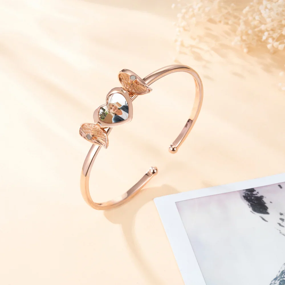 Personalized Heart Shape Zircon Angel Wing Photo Locket Bracelet Anniversary Birthday Memorial Gift for Wife Mother Grandma - Image 3