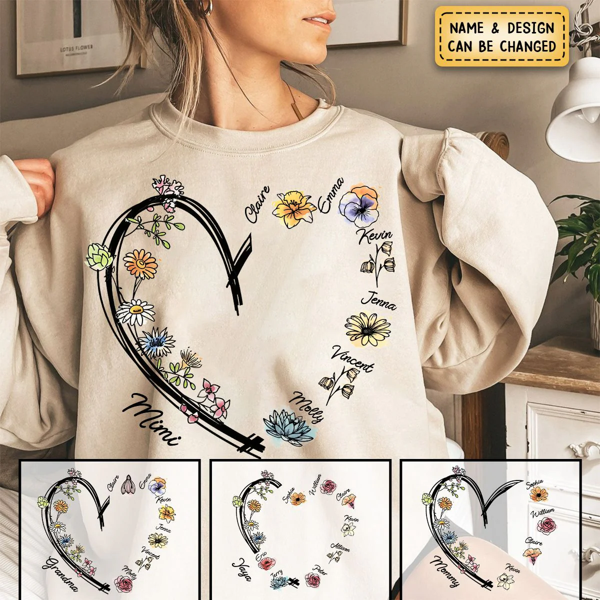 Personalized Heart Watercolor Birth Flowers Sweatshirt - Image 2