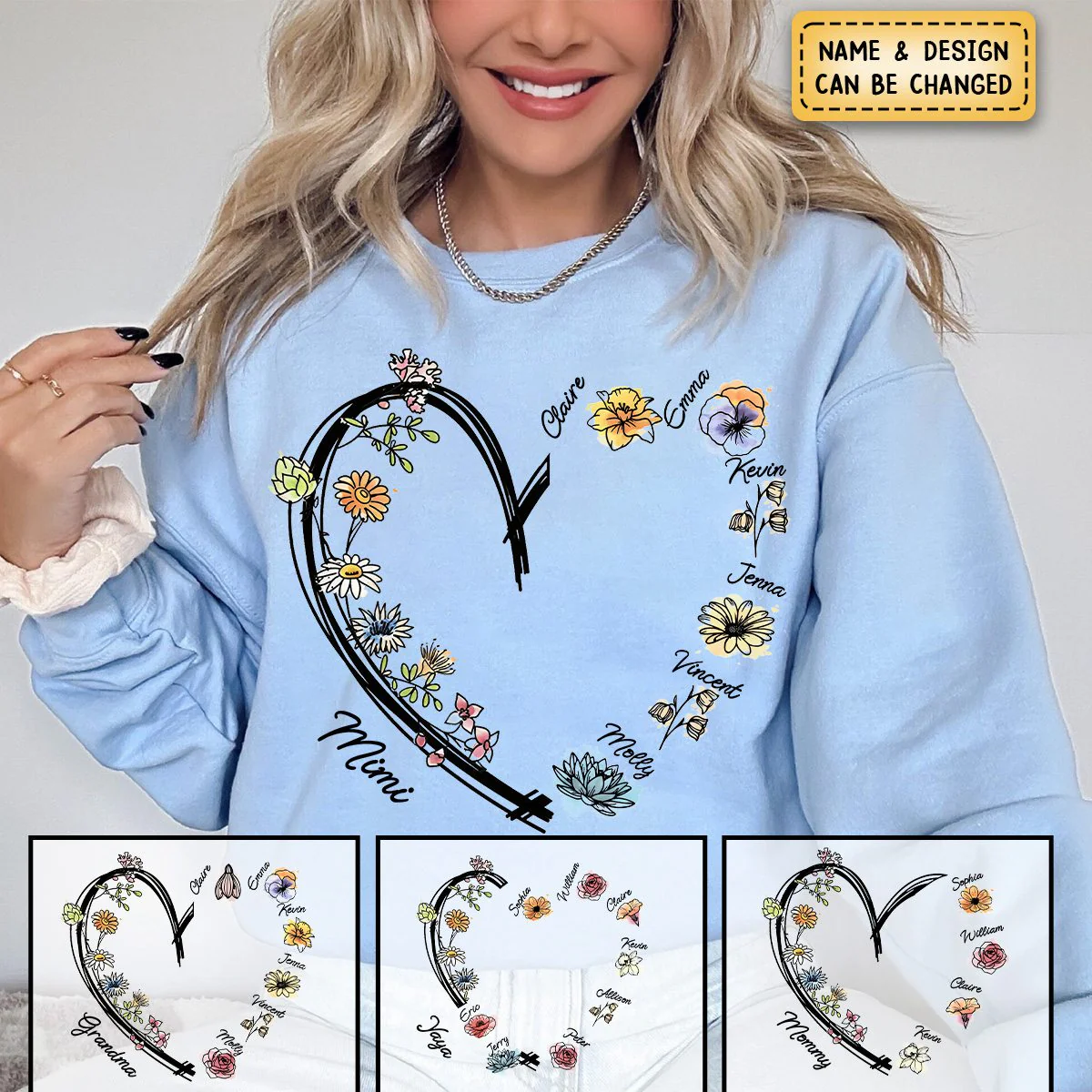 Personalized Heart Watercolor Birth Flowers Sweatshirt - Image 3