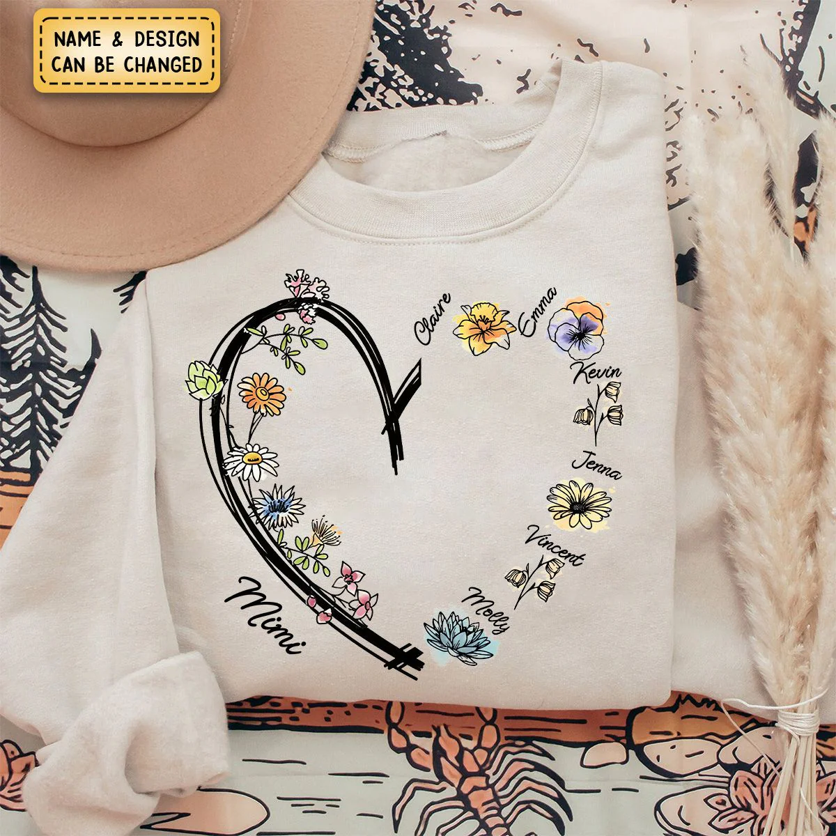 Personalized Heart Watercolor Birth Flowers Sweatshirt - Image 4