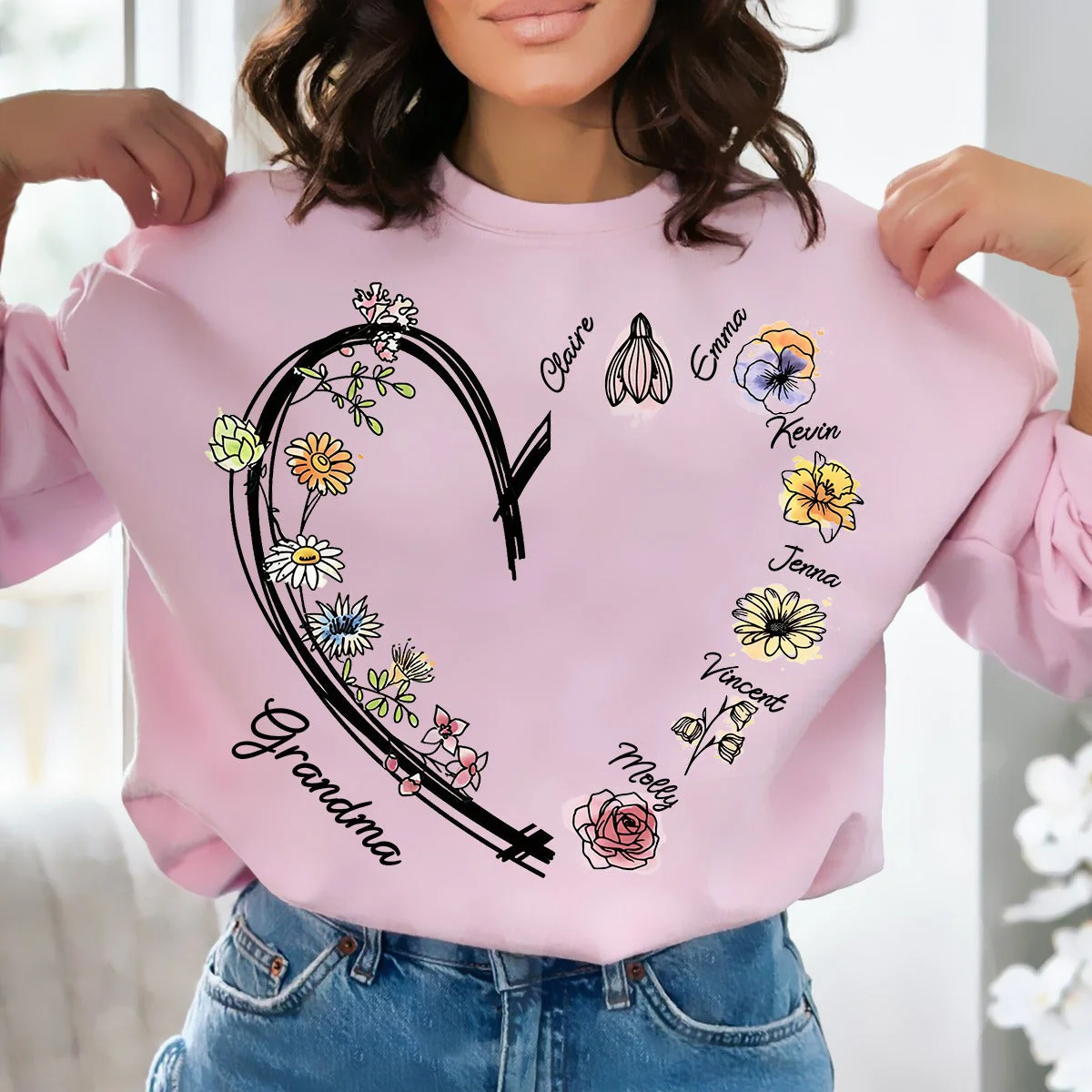 Personalized Heart Watercolor Birth Flowers Sweatshirt - Image 6