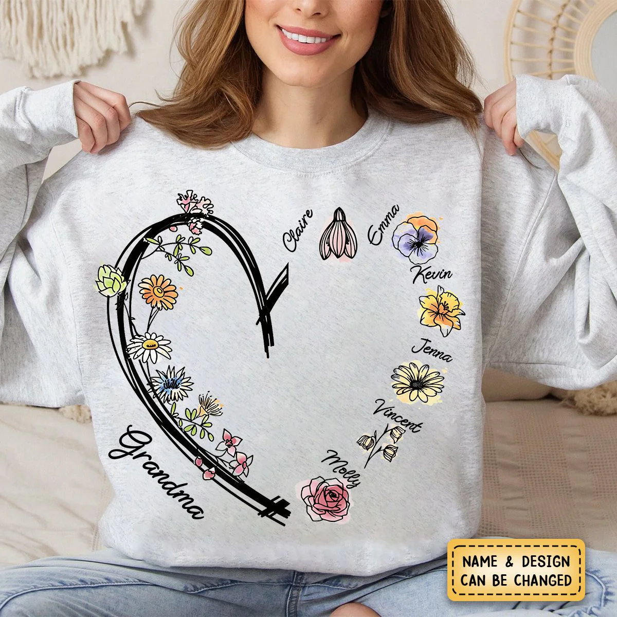 Personalized Heart Watercolor Birth Flowers Sweatshirt - Image 7