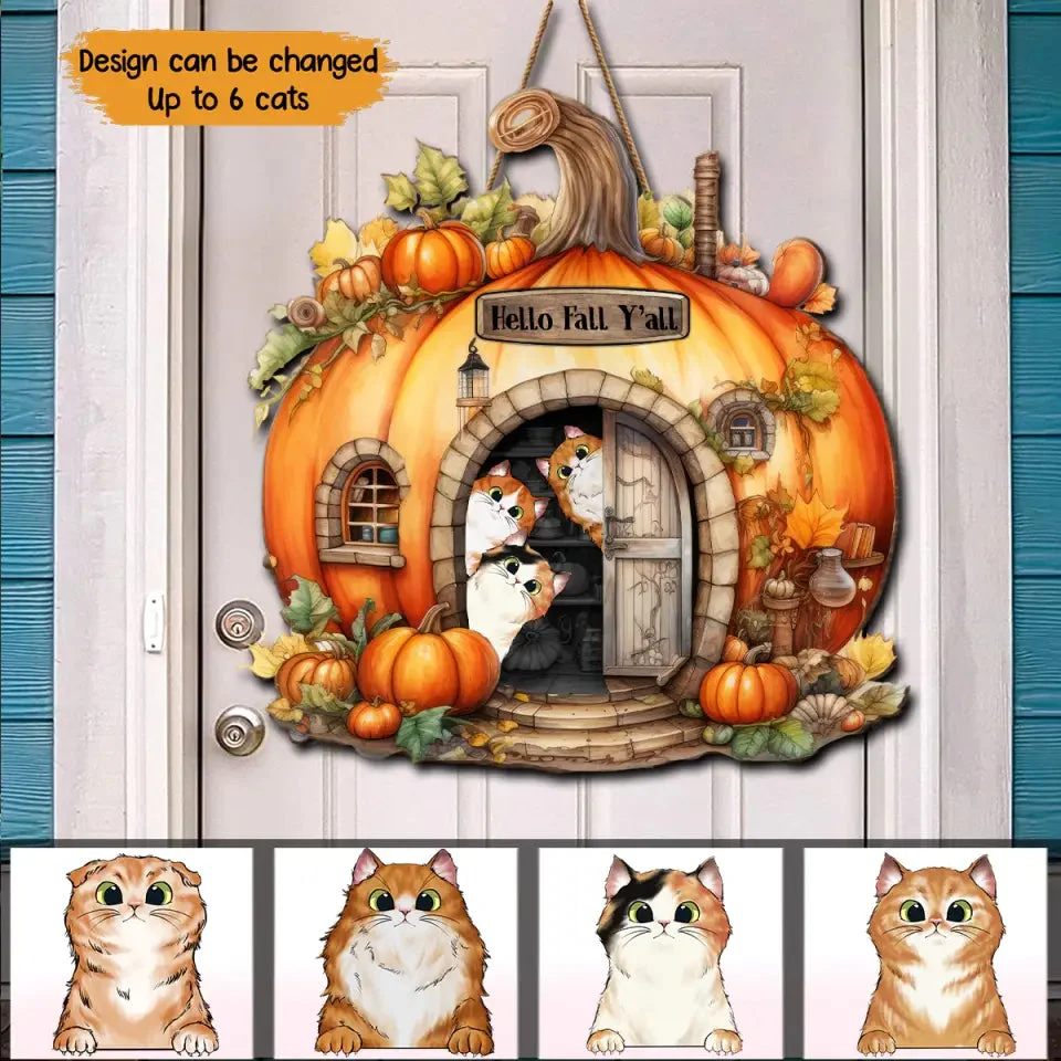 Personalized Hell Fall Y'all Pumkim Cat Lovers Wood Sign Door - Image 2