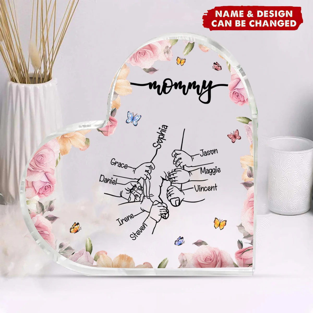 Personalized Holding Mom's Hand Heart Shaped Acrylic Plaque - Image 3