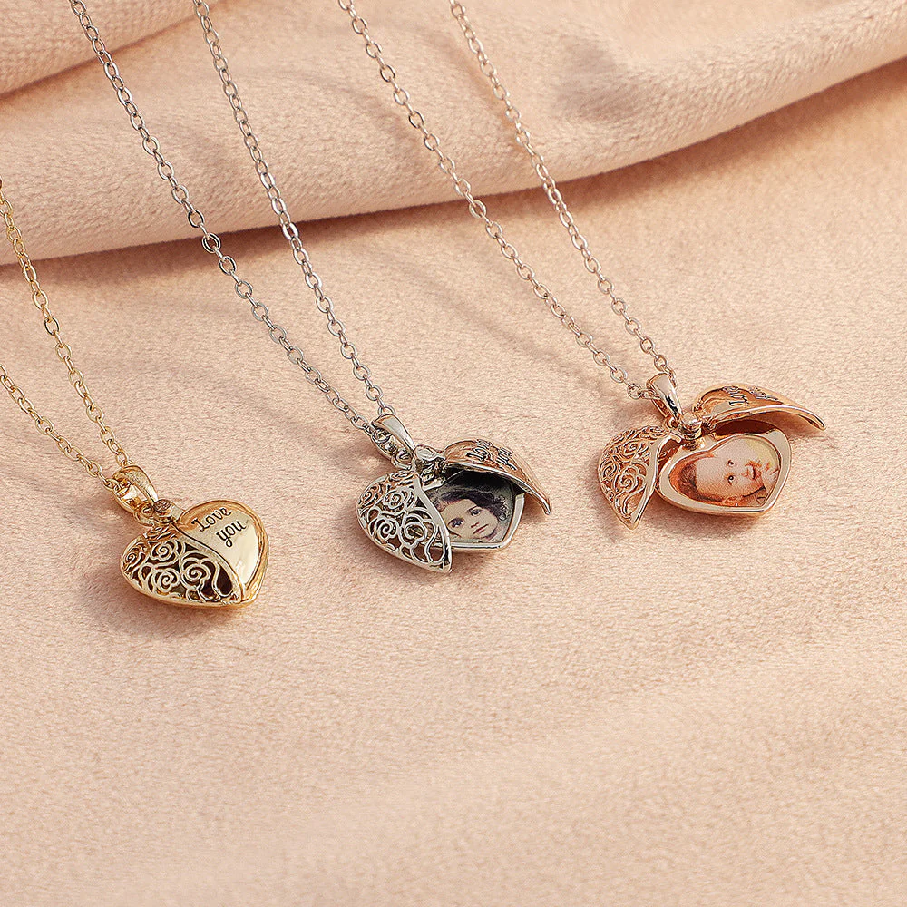 Personalized Hollow Pattern Carving Angel Wing Photo Locket Necklace Anniversary Birthday - Image 4