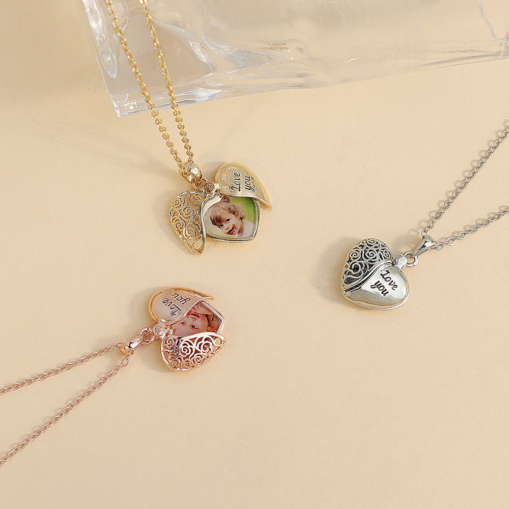 Personalized Hollow Pattern Carving Angel Wing Photo Locket Necklace Anniversary Birthday - Image 5