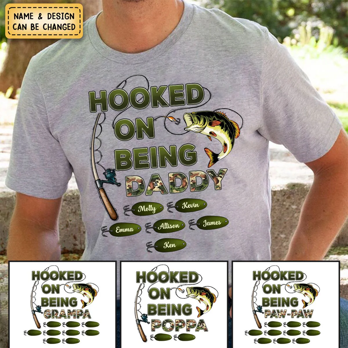 Personalized Hooked On Being Dad/Grandpa Fishing Camouflage Pure Cotton T-Shirt - Image 2
