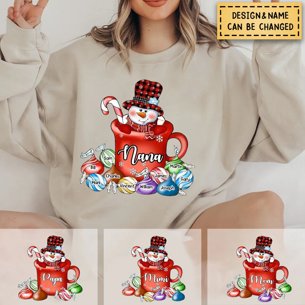 Personalized Hot Cocoa Cup Grandma Snowman With Little Grandkids Sweatshirt