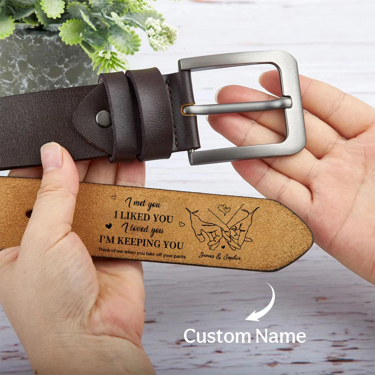 Personalized I Liked You Holding Hands Men's Casual Buckle Leather Belt with Engraved Name Gift for Husband Boyfriend - Image 10