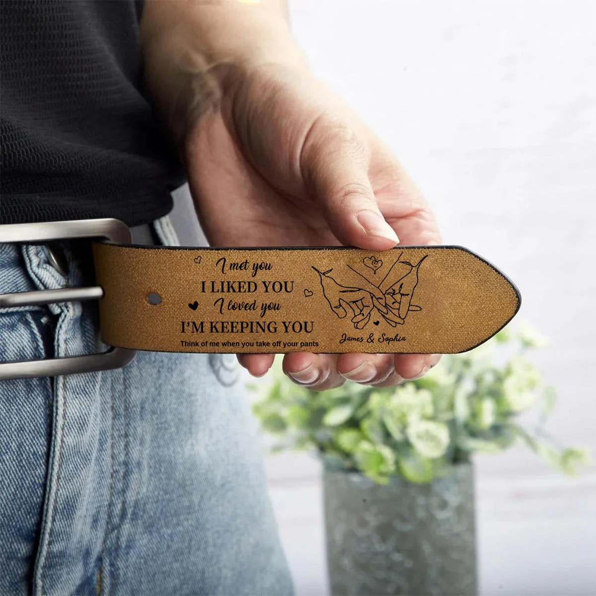 Personalized I Liked You Holding Hands Men's Casual Buckle Leather Belt with Engraved Name Gift for Husband Boyfriend - Image 3
