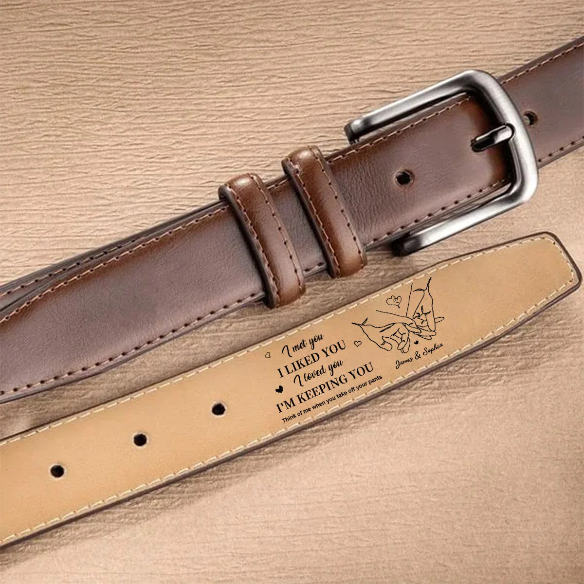 Personalized I Liked You Holding Hands Men's Casual Buckle Leather Belt with Engraved Name Gift for Husband Boyfriend - Image 4