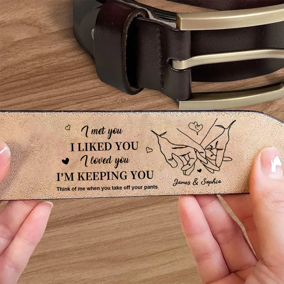 Personalized I Liked You Holding Hands Men's Casual Buckle Leather Belt with Engraved Name Gift for Husband Boyfriend - Image 5
