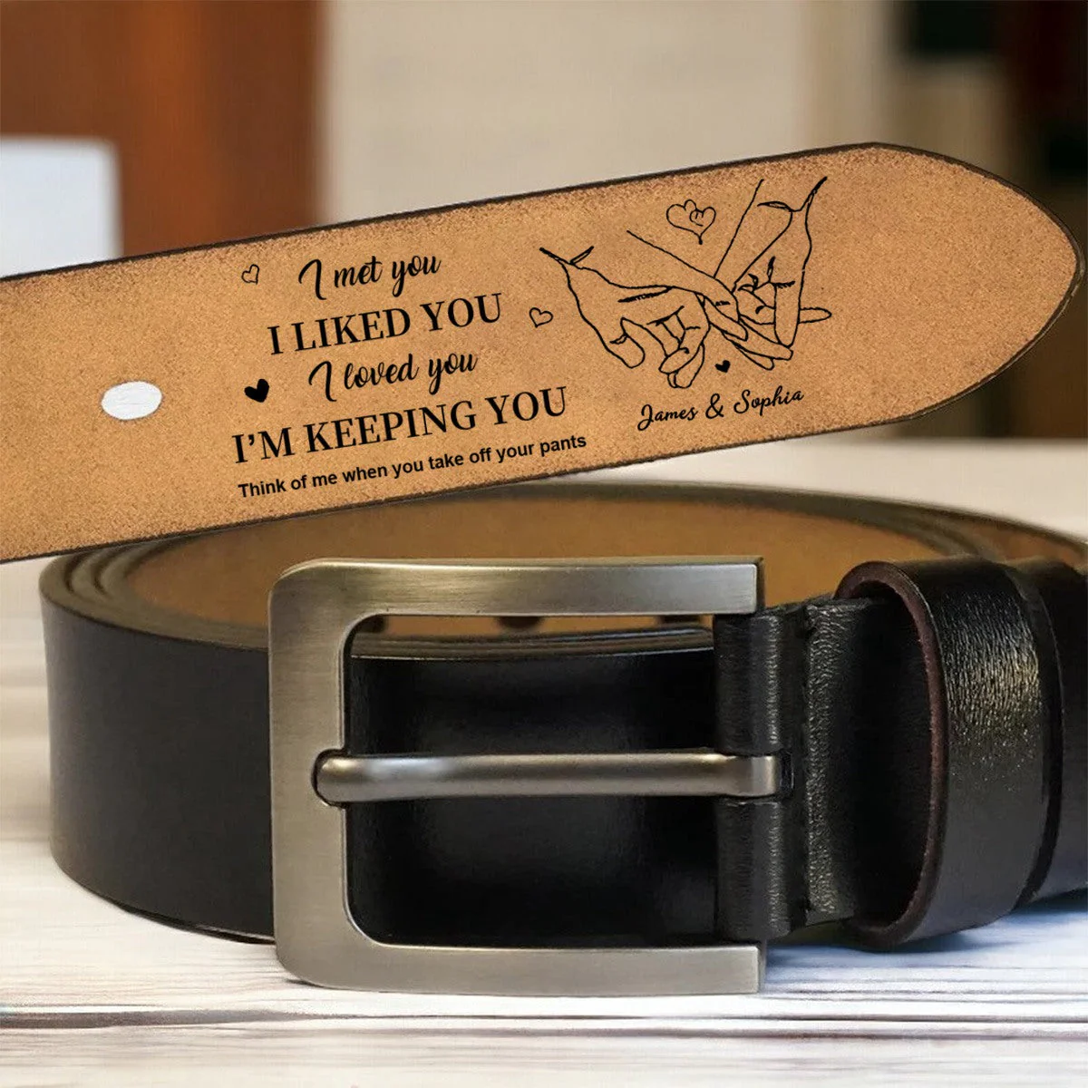 Personalized I Liked You Holding Hands Men's Casual Buckle Leather Belt with Engraved Name Gift for Husband Boyfriend - Image 6