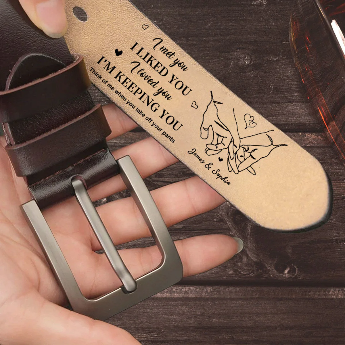 Personalized I Liked You Holding Hands Men's Casual Buckle Leather Belt with Engraved Name Gift for Husband Boyfriend - Image 9