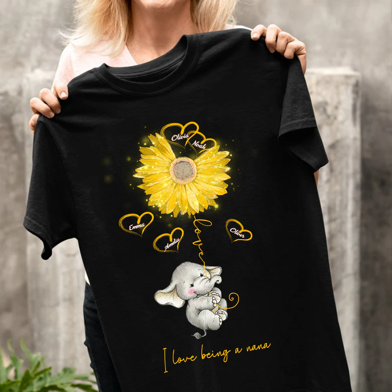 Personalized I Love Being A Nana Grandma Mom Sunflower Elephant T-shirt - Image 2