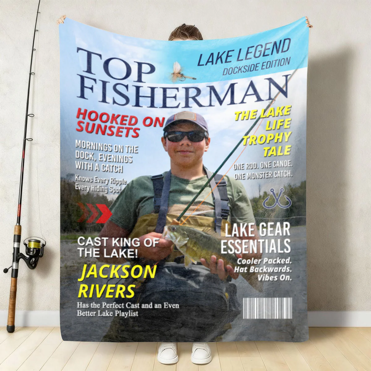Personalized Lake Fishing Magazine Cover Blanket, Custom Gift for Fishing Dad, Husband or Him - Image 2