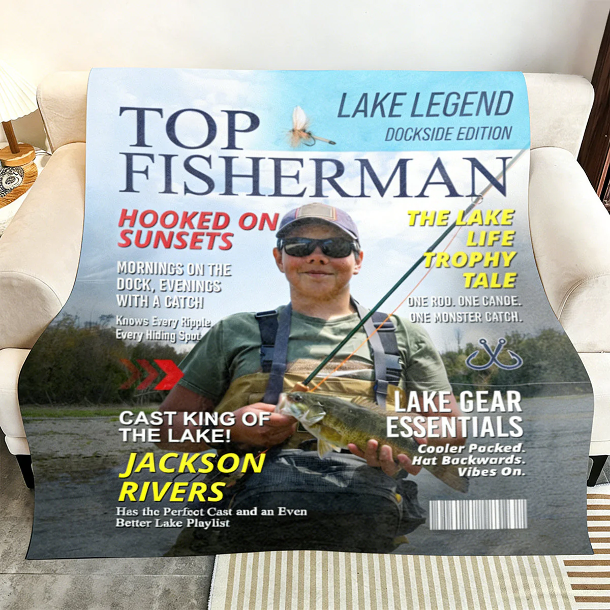 Personalized Lake Fishing Magazine Cover Blanket, Custom Gift for Fishing Dad, Husband or Him - Image 3