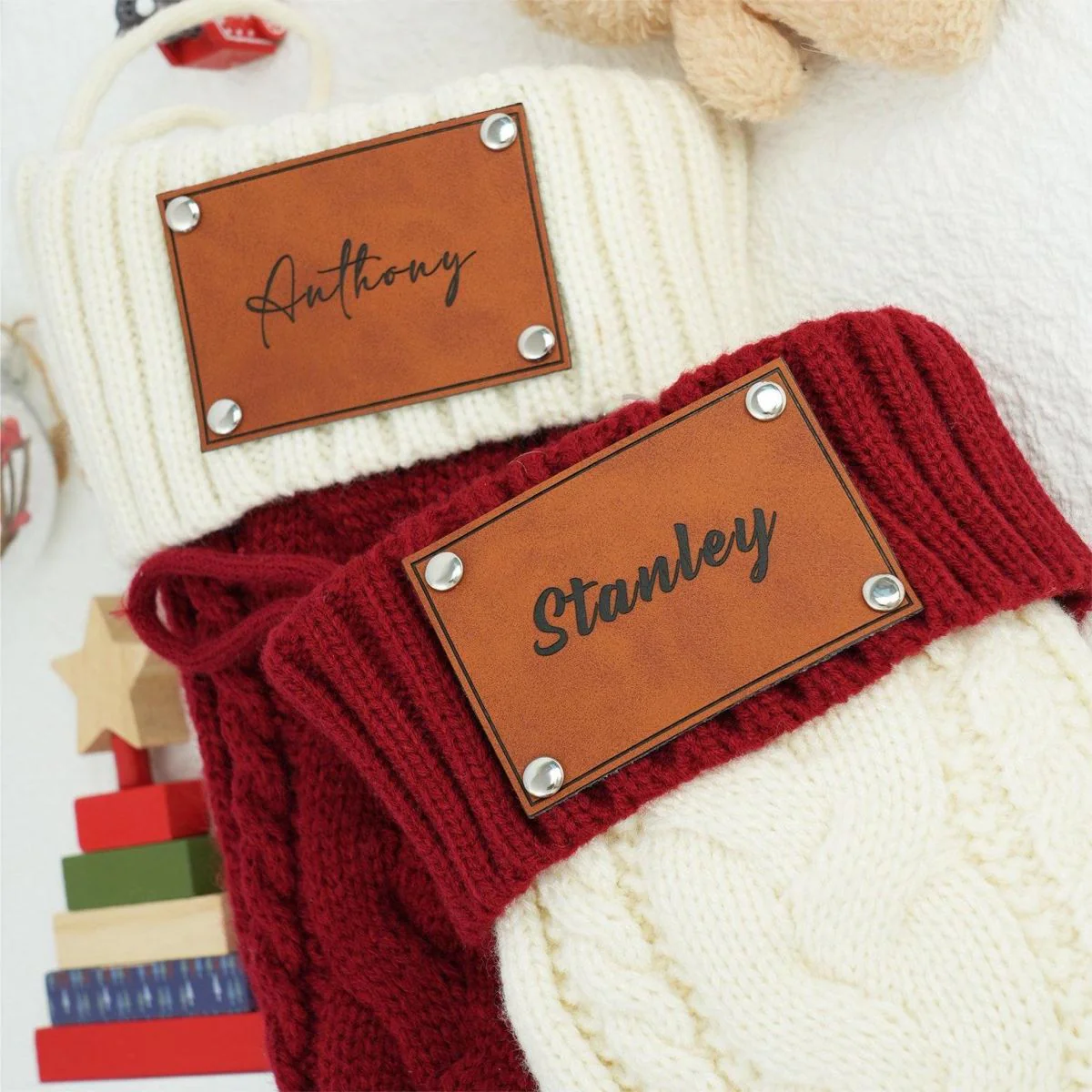 Personalized Leather Knitted Christmas Stockings - Image 5