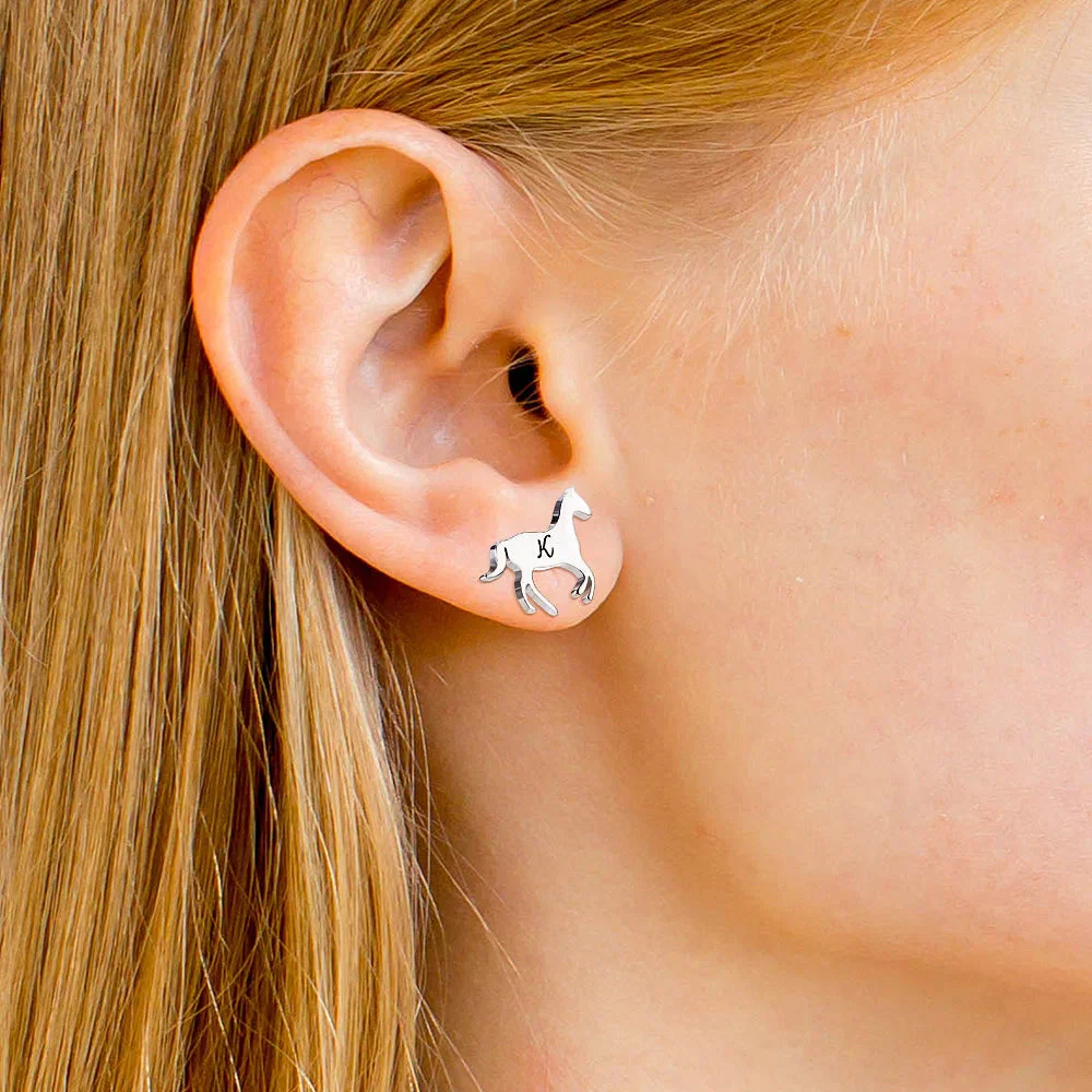 Personalized Little Galloping Horse Stud Earrings with Engraved Initial Gift for Horse Lover - Image 2