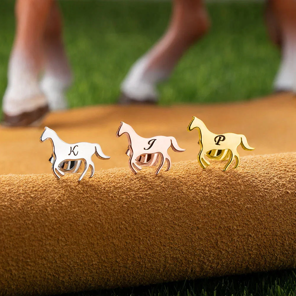 Personalized Little Galloping Horse Stud Earrings with Engraved Initial Gift for Horse Lover - Image 3
