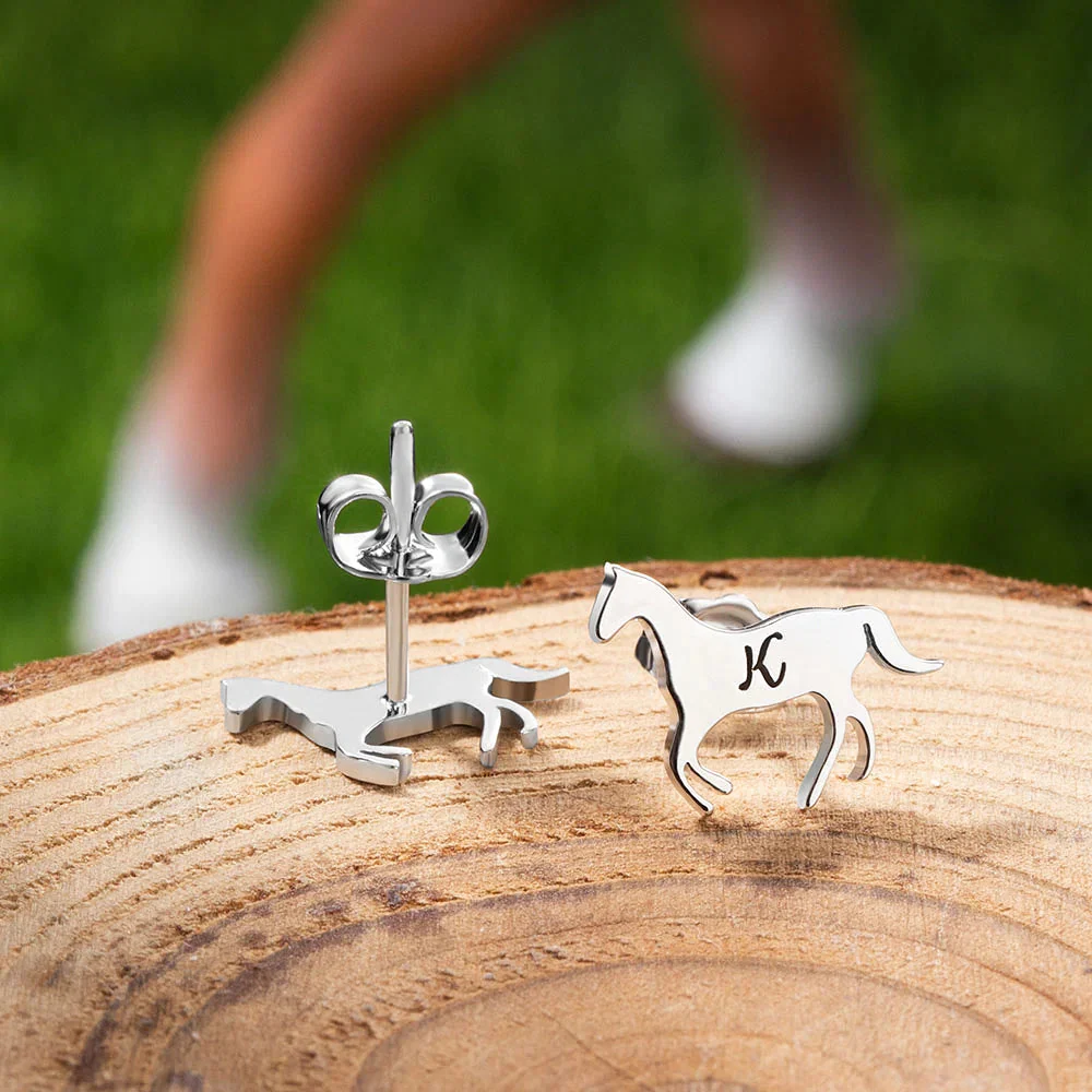 Personalized Little Galloping Horse Stud Earrings with Engraved Initial Gift for Horse Lover - Image 4