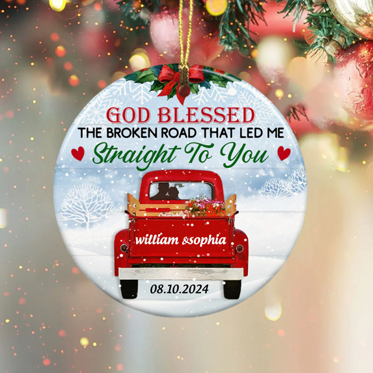Personalized Couple Red Truck Circle Ornament - Image 2