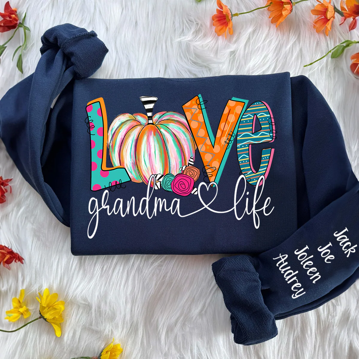 Personalized Love Grandma Life Sweatshirt – Fall Pumpkin Design with Grandkids’ Names on Sleeve - Image 2