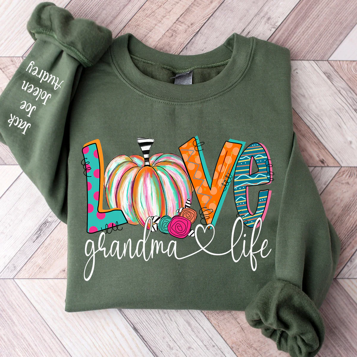 Personalized Love Grandma Life Sweatshirt – Fall Pumpkin Design with Grandkids’ Names on Sleeve - Image 3