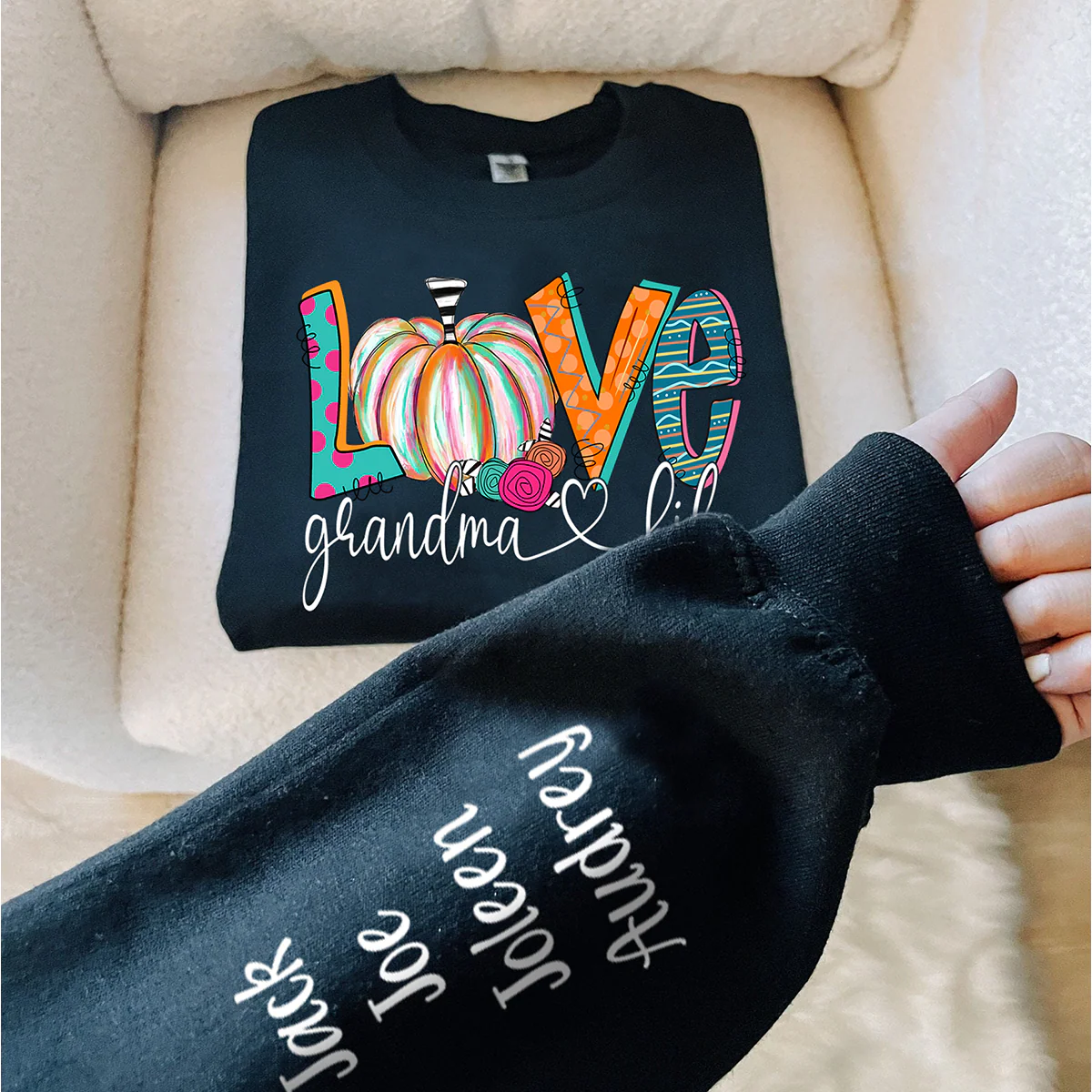 Personalized Love Grandma Life Sweatshirt – Fall Pumpkin Design with Grandkids’ Names on Sleeve - Image 4
