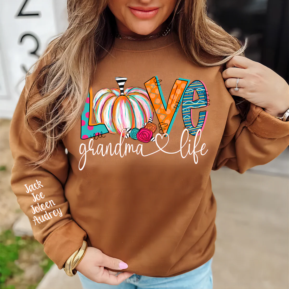 Personalized Love Grandma Life Sweatshirt – Fall Pumpkin Design with Grandkids’ Names on Sleeve - Image 5