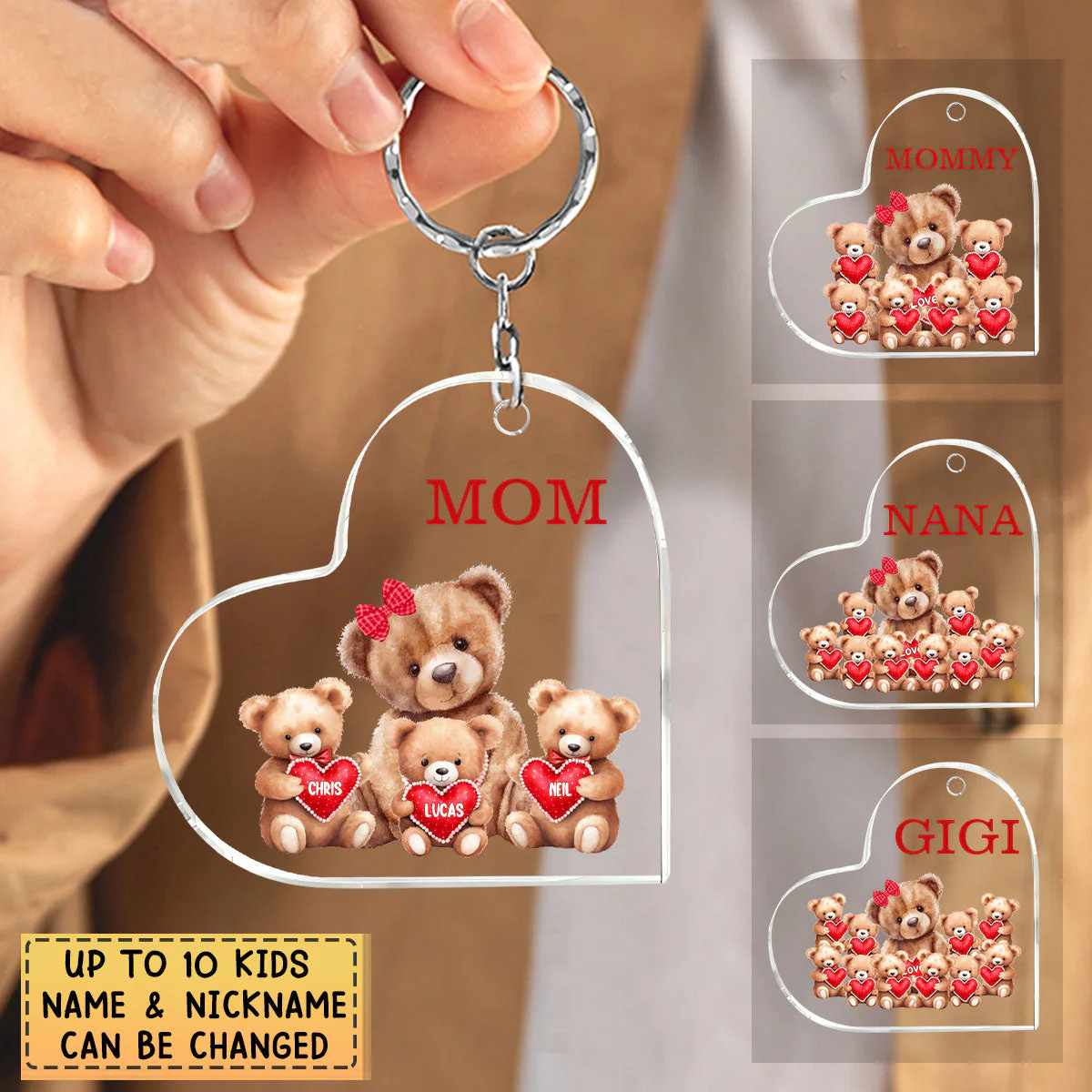 Personalized Mama Bear With Little Kids Acrylic Keychain - Image 2