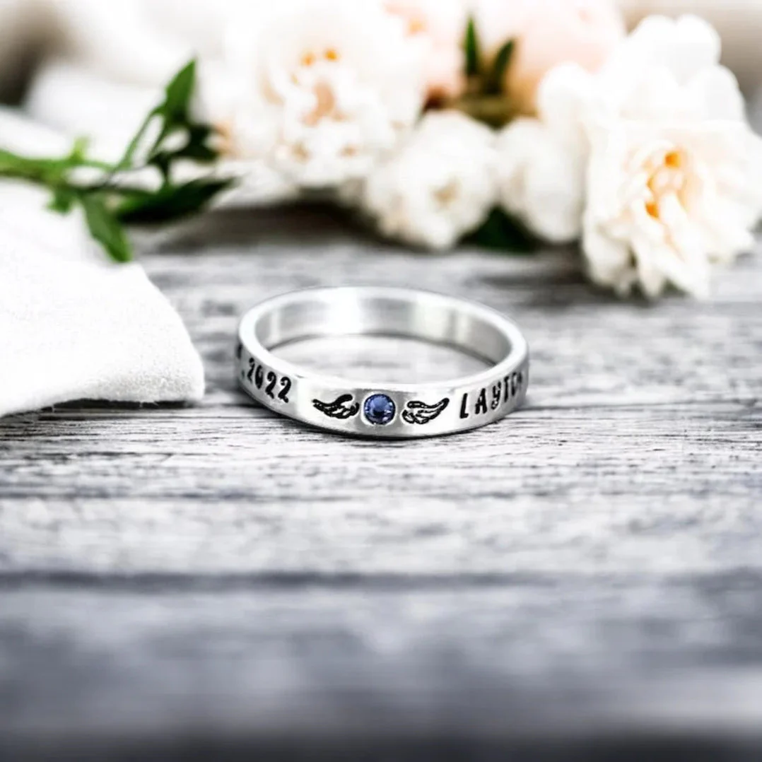 Personalized Memorial Birthstone Ring with Engraved Name & Date - Image 6